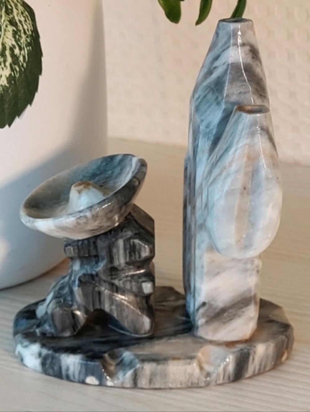 Black Onyx Marble Stone, Man Wearing "Sombrero" Sleeping Next to Cactus